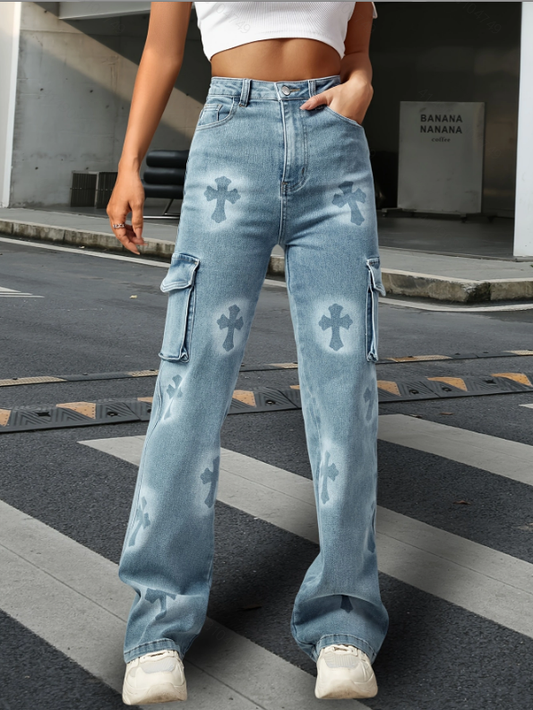 Cross Printed Denim Jeans