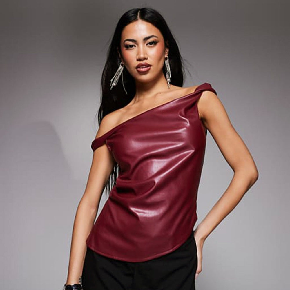 Sleeveless Vest Leather Oblique Shoulder Personality Irregular Asymmetric Top Women Clothing