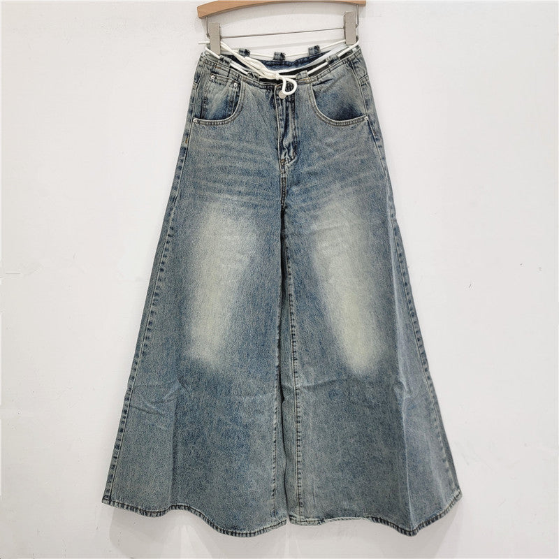 Drawstring Low Rise Wide Leg Jeans