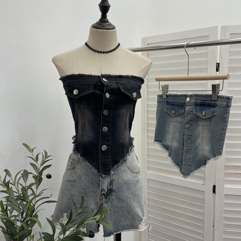 Sexy Irregular Asymmetric Raw Hem Denim Camisole Outer Wear Single Breasted Cardigan Short Tube Top