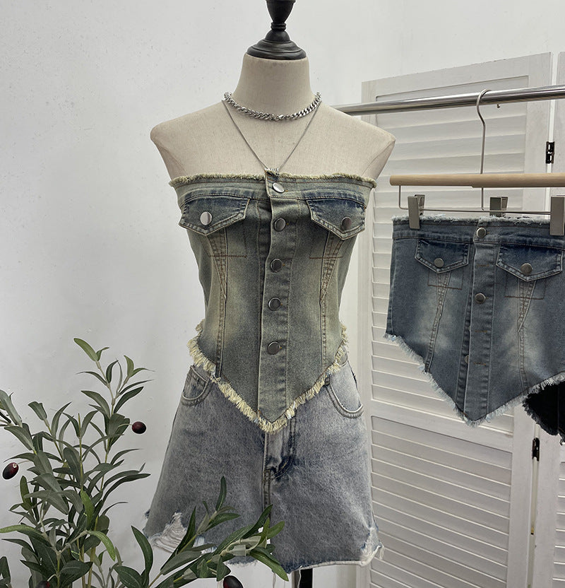 Sexy Irregular Asymmetric Raw Hem Denim Camisole Outer Wear Single Breasted Cardigan Short Tube Top