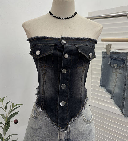 Sexy Irregular Asymmetric Raw Hem Denim Camisole Outer Wear Single Breasted Cardigan Short Tube Top