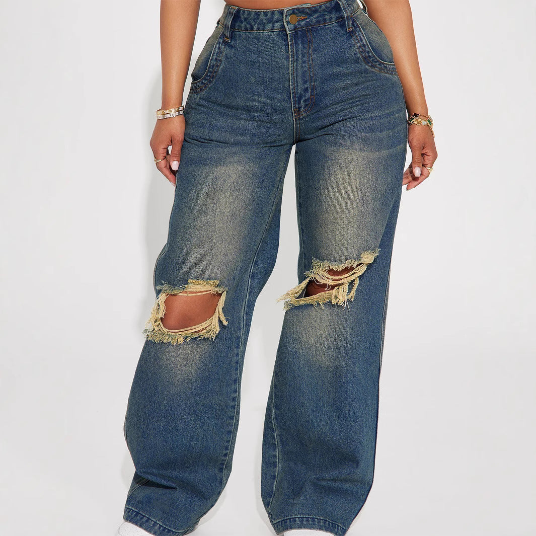 Loose Fitting Regular Rise Distressed Jeans