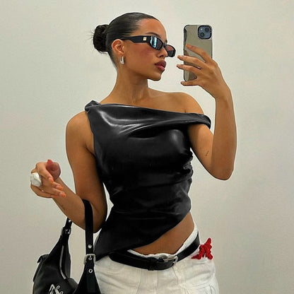 Sleeveless Vest Leather Oblique Shoulder Personality Irregular Asymmetric Top Women Clothing