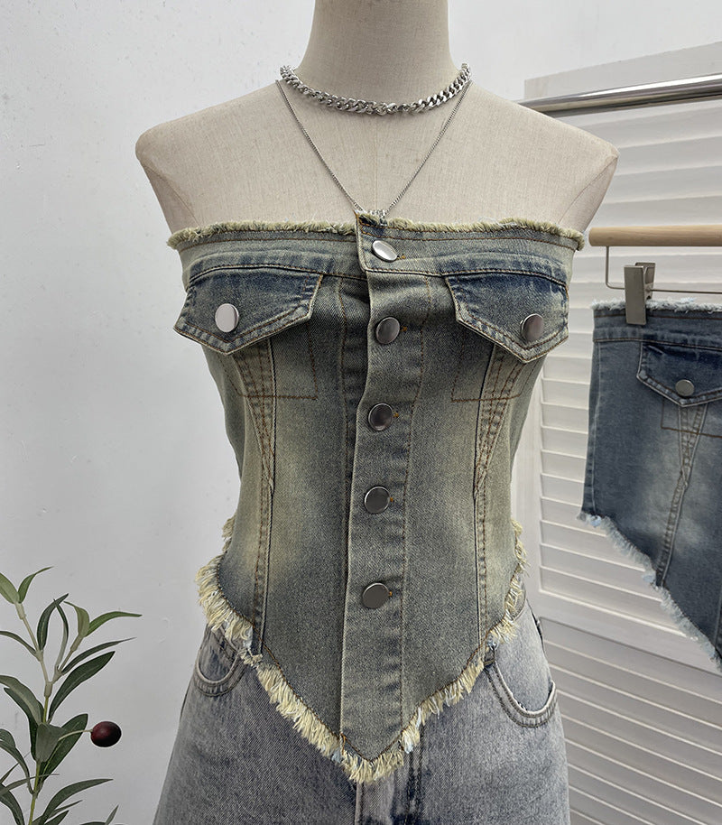 Sexy Irregular Asymmetric Raw Hem Denim Camisole Outer Wear Single Breasted Cardigan Short Tube Top