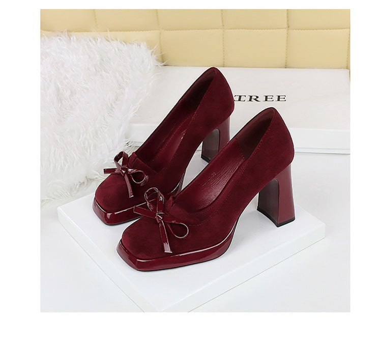 Square Toe Waterproof Platform High Heels Suede Bow Decorative Women Shoes Shallow Mouth Super High Heel Pumps