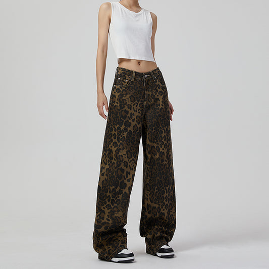 Leopard Regular Rise Wide Leg Jeans