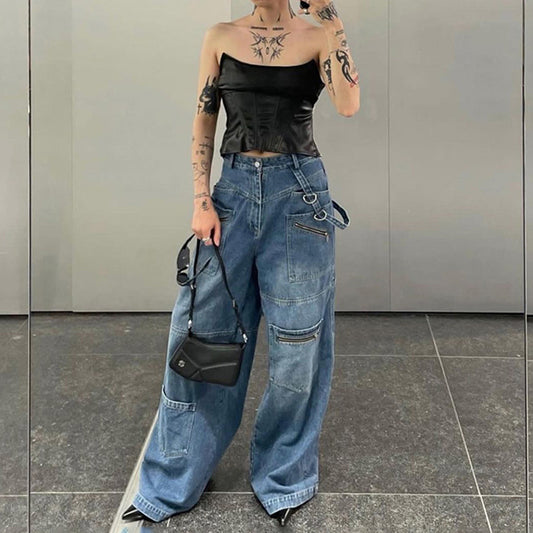 Street Women Zipper Pocket Stitching Washed Gradient Loose Wide Leg Pants Heavy Industry Denim Mop Trousers Summer