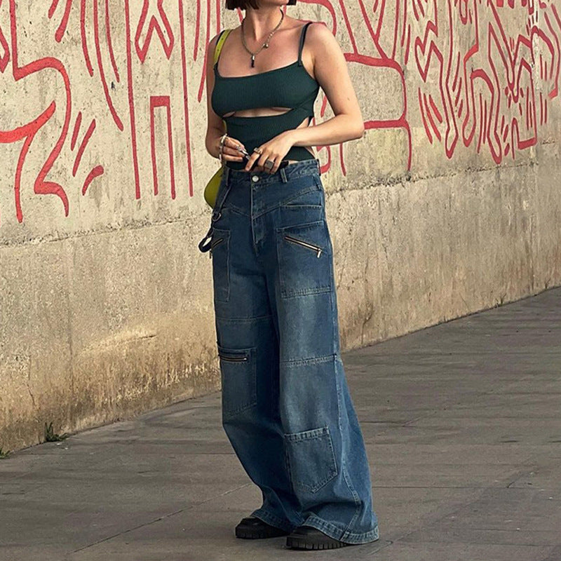 Street Women Zipper Pocket Stitching Washed Gradient Loose Wide Leg Pants Heavy Industry Denim Mop Trousers Summer